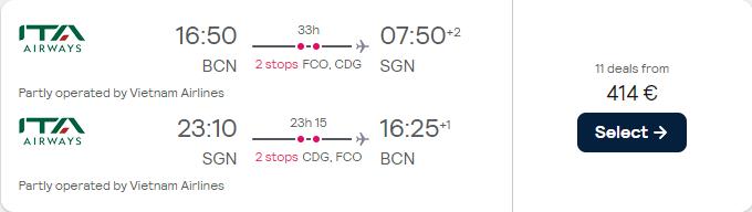 Cheap flights from Barcelona or Madrid, Spain to Ho Chi Minh City, Vietnam from only €414 roundtrip with Vietnam Airlines. Flight deal ticket image.