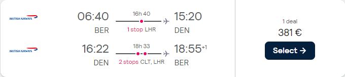 Click here to book this cheap flight deal. Cheap flights from Berlin or Munich, Germany to Denver, Colorado from only €381 roundtrip with British Airways. Flight deal ticket image.