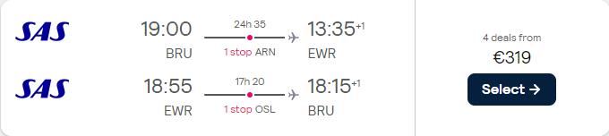 Click here to book this cheap flight deal. Cheap flights from Brussels, Belgium to US cities from only €271 roundtrip with Scandinavian Airlines. Flight deal ticket image.