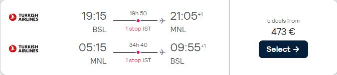 Cheap flights from Basel, Switzerland to Manila, Philippines for only €473 roundtrip with Turkish Airlines. Flight deal ticket image.