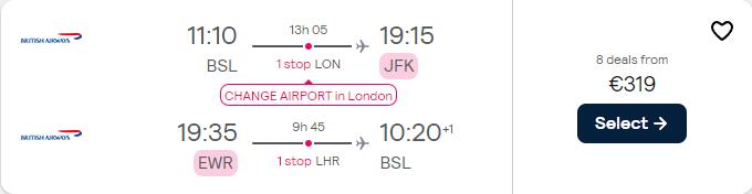 Cheap flights from Basel, Switzerland to US cities from only €319 roundtrip with British Airways. Flight deal ticket image.