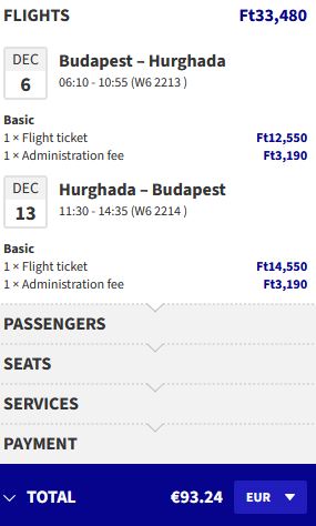 Non-stop flights from Budapest, Hungary to Hurghada, Egypt for only €93 roundtrip. Flight deal ticket image.