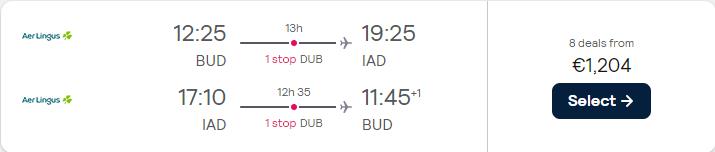Business Class flights from Budapest, Hungary to Washington DC or New York, USA from only €1204 roundtrip with Aer Lingus. Flight deal ticket image.