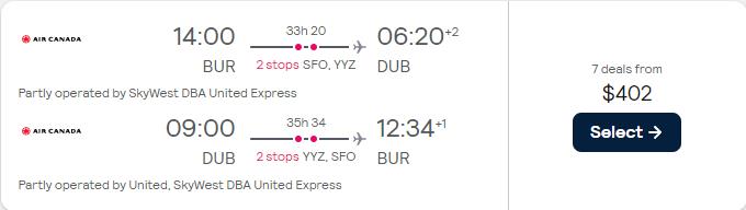 Click here to book this cheap flight deal. Cheap flights from Burbank, California to European cities from only $402 roundtrip with United Airlines and Air Canada. Flight deal ticket image.