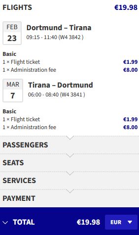 Click here to book this cheap flight deal. Non-stop flights from Cologne, Germany to Tirana, Albania for only €19 roundtrip. Flight deal ticket image.