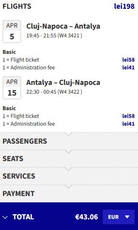 Non-stop flights from Cluj, Romania to Antalya, Turkey for only €43 roundtrip. Flight deal ticket image.