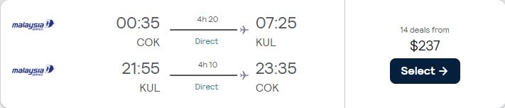 Non-stop flights from Kochi, India to Kuala Lumpur, Malaysia for only $237 USD roundtrip with Malaysia Airlines. Flight deal ticket image.