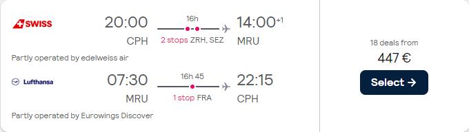 Cheap flights from Copenhagen, Denmark to Mauritius for only €447 roundtrip with Swiss International Air Lines and Lufthansa. Flight deal ticket image.