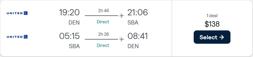 Non-stop flights from Denver, Colorado to Santa Barbara, California for only $138 roundtrip with United Airlines. Also works in reverse. Flight deal ticket image.