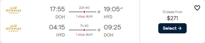 Cheap flights from Doha, Qatar to Hyderabad, India for only $271 USD roundtrip with Etihad Airways. Flight deal ticket image.