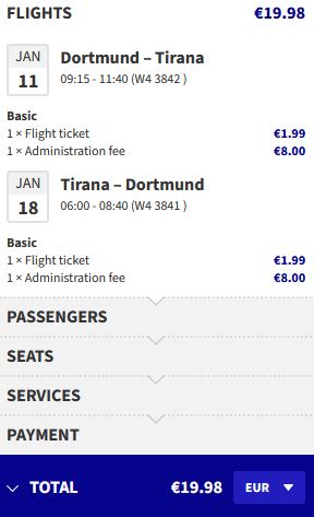 Non-stop flights from Dortmund, Germany to Tirana, Albania for only €19 roundtrip. Flight deal ticket image.