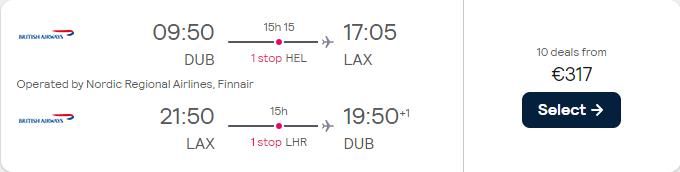 Cheap flights from Dublin, Ireland to Los Angeles, USA for only €317 roundtrip with Finnair and British Airways. Flight deal ticket image.