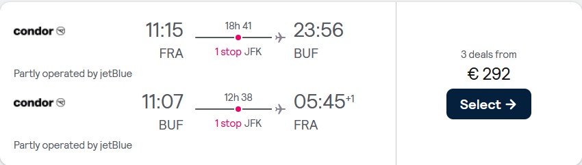Cheap flights from Frankfurt, Germany to Buffalo, USA for only €292 roundtrip. Flight deal ticket image.