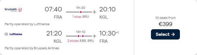 Cheap flights from Frankfurt, Germany to Kigali, Rwanda for only €399 roundtrip with Lufthansa and Brussels Airlines. Flight deal ticket image.
