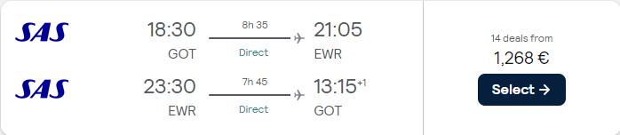 Business Class flights from Gothenburg, Sweden to New York, USA for only €1268 roundtrip with Scandinavian Airlines. Flight deal ticket image.