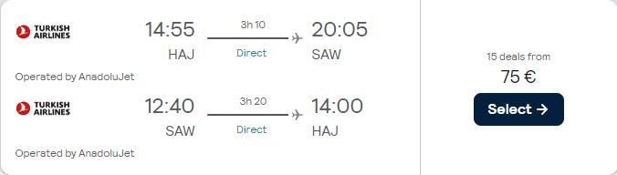Non-stop flights from Hanover, Germany to Istanbul, Turkey for only €75 roundtrip. Flight deal ticket image.