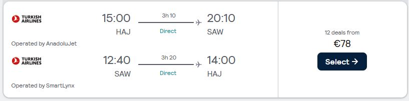 Click here to book this cheap flight deal. Non-stop flights from Hanover, Germany to Istanbul, Turkey for only €78 roundtrip. Flight deal ticket image.