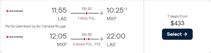 Cheap flights from Las Vegas to Milan, Italy for only $433 roundtrip with Air Canada. Flight deal ticket image.