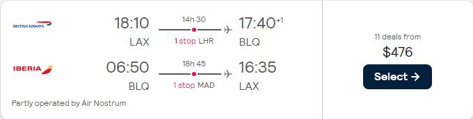 Cheap flights from US cities to Bologna, Italy from only $476 roundtrip with American Airlines, British Airways and Iberia. Flight deal ticket image.