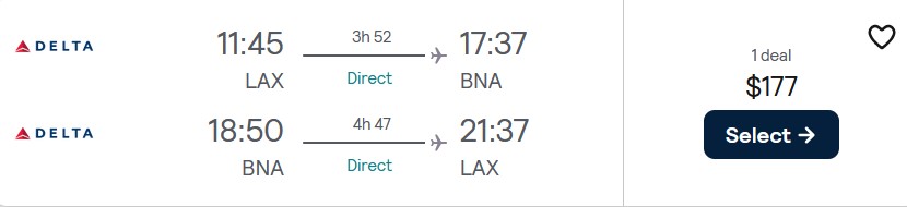 Non-stop flights from Los Angeles to Nashville for only $177 roundtrip with Delta Air Lines. Also works in reverse. Flight deal ticket image.