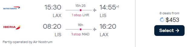 Click here to book this cheap flight deal. Cheap flights from Californian cities to Lisbon, Portugal from only $453 roundtrip with British Airways and Iberia. Flight deal ticket image.