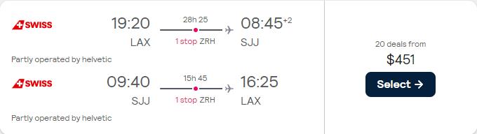 Click here to book this cheap flight deal. Cheap flights from US cities to Sarajevo, Bosnia and Herzegovina from only $451 roundtrip with Swiss International Air Lines. Flight deal ticket image.