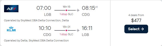 Click here to book this cheap flight deal. Cheap flights from Long Beach, California to European cities from only $477 roundtrip with Delta Air Lines. Flight deal ticket image.