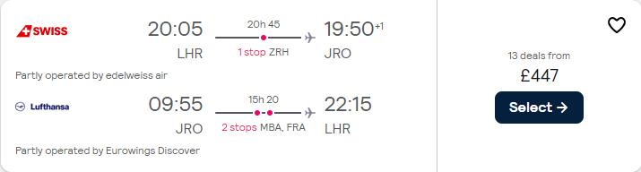 Click here to book this cheap flight deal. Cheap flights from UK cities to Kilimanjaro, Tanzania from only £447 roundtrip with Swiss International Air Lines and Lufthansa. Flight deal ticket image.