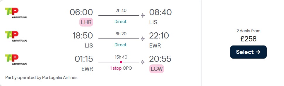 2 in 1 trip...Cheap flights from London, UK to Lisbon, Portugal and New York, USA for only £258 roundtrip with TAP Air Portugal. Flight deal ticket image.