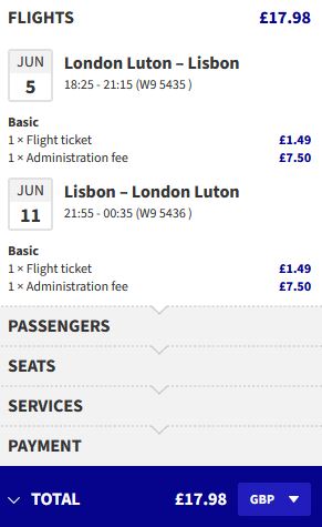Click here to book this cheap flight deal. Non-stop flights from London, UK to Lisbon, Portugal for only £17 roundtrip. Flight deal ticket image.
