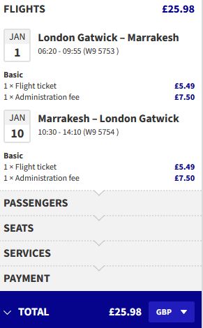 Non-stop flights from London, UK to Marrakesh, Morocco for only £25 roundtrip. Flight deal ticket image.