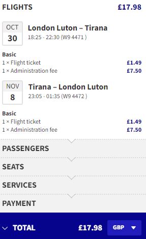 Non-stop flights from London, UK to Tirana, Albania for only £17 roundtrip. Flight deal ticket image.