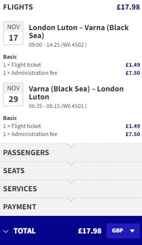Non-stop flights from London, UK to Varna, Bulgaria for only £17 roundtrip. Flight deal ticket image.