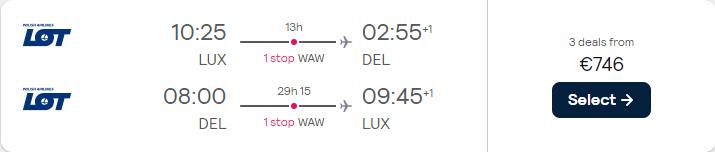 Premium Economy flights from Luxembourg to Delhi, India for only €746 roundtrip with LOT Polish Airlines. Flight deal ticket image.