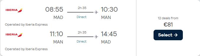 Non-stop flights from Madrid, Spain to Manchester, UK for only €81 roundtrip with Iberia. Flight deal ticket image.
