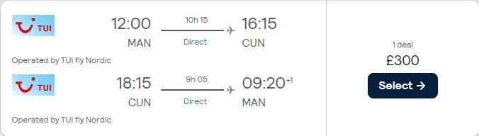 Non-stop, last minute flights from UK cities to Cancun, Mexico from only £300 roundtrip. Flight deal ticket image.