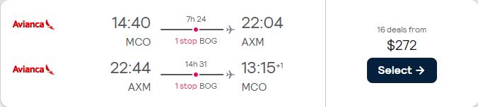 Cheap flights from Orlando, Florida to Armenia, Colombia for only $272 roundtrip with Avianca. Flight deal ticket image.