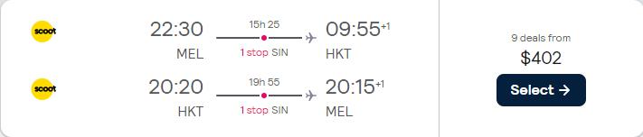 Cheap flights from Melbourne, Australia to Phuket, Thailand for only $402 AUD roundtrip. Flight deal ticket image.