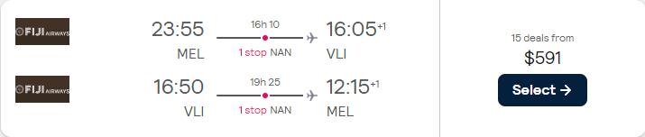 Click here to book this cheap flight deal. Cheap flights from Melbourne, Australia to Vanuatu for only $591 AUD roundtrip with Fiji Airways. Flight deal ticket image.