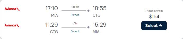 Non-stop flights from Miami to Cartagena, Colombia for only $154 roundtrip with Avianca. Flight deal ticket image.
