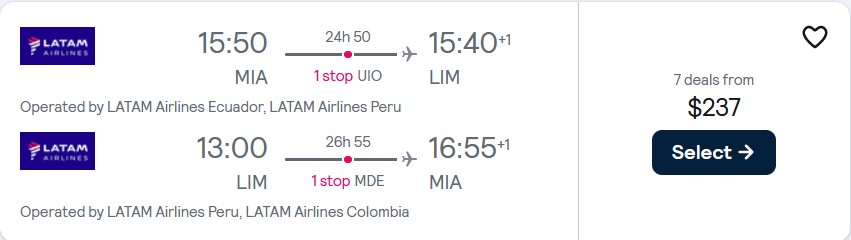Cheap flights from Miami to Lima, Peru for only $237 roundtrip with LATAM Airlines. Flight deal ticket image.