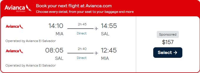 Non-stop flights from Miami to San Salvador, El Salvador for only $157 roundtrip. Flight deal ticket image.
