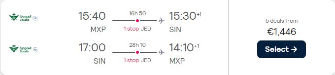 Business Class flights from Milan, Italy to Singapore for only €1446 roundtrip. Flight deal ticket image.