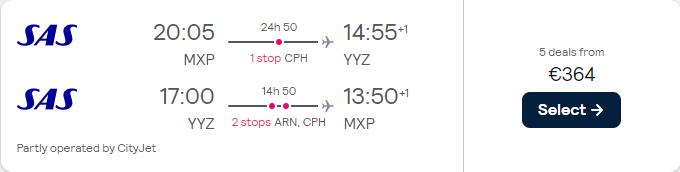 Cheap flights from Milan, Italy to Toronto, Canada for only €364 roundtrip with Scandinavian Airlines. Flight deal ticket image.