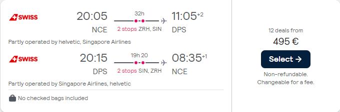 Click here to book this cheap flight deal. Cheap flights from Nice, France to Bali, Indonesia for only €495 roundtrip with Swiss International Air Lines and Singapore Airlines. Flight deal ticket image.