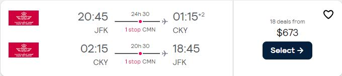 Click here to book this cheap flight deal. Cheap flights from New York to Conakry, Guinea for only $673 roundtrip with Royal Air Maroc. Flight deal ticket image.