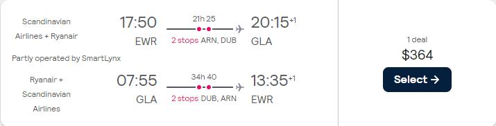 Click here to book this cheap flight deal. Cheap flights from New York to Glasgow, Scotland for only $364 roundtrip with Scandinavian Airlines. Flight deal ticket image.