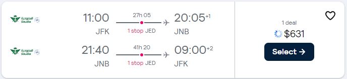 Cheap flights from New York to Johannesburg, South Africa for only $631 roundtrip. Flight deal ticket image.