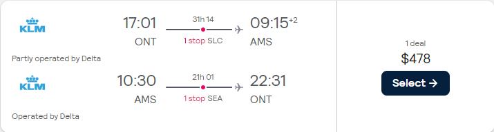 Cheap flights from Ontario, California to Amsterdam, Netherlands for only $478 roundtrip with KLM and Delta Air Lines. Flight deal ticket image.
