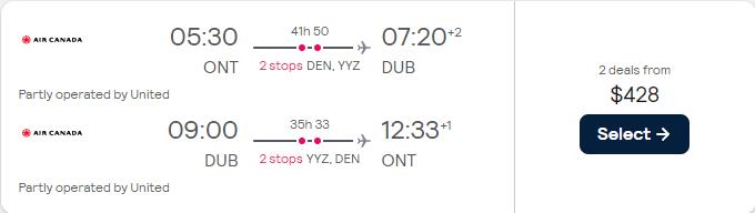 Cheap flights from Ontario, California to European cities from only $428 roundtrip with United Airlines and Air Canada. Flight deal ticket image.